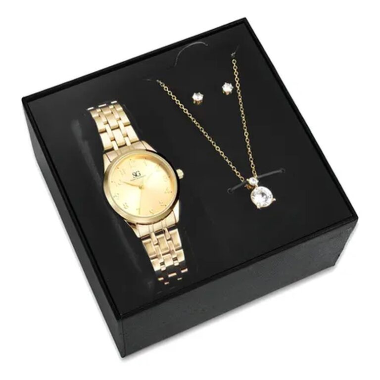 Kit Relógio Colar E Brincos Ponto De Luz Dourado Feminino Luxo Golden Saint Germain Presente Original Joias Elegante Clássico 28mm