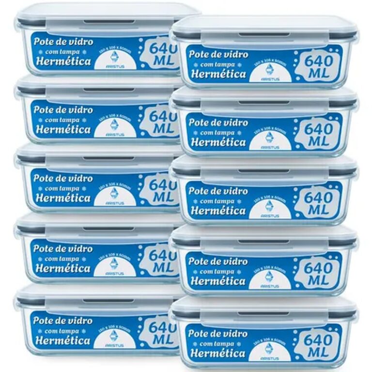Kit 10 Potes Vidro Hermético Aristus 640ml Marmita Anti Vazamento Forno Micro-ondas Freezer Tampa 4 Travas – Cinza