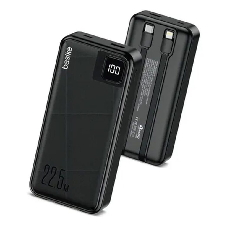 Power Bank Basike 20000mah Preto, Carga Rápida 22.5w Para iPhone E Samsung, Com Cabos Embutidos E Display