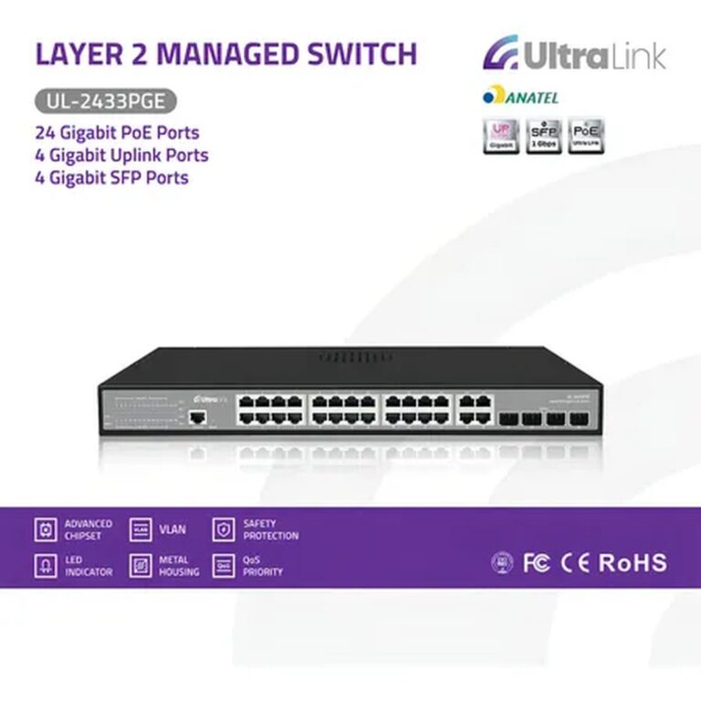 Switch Gerenciável Ultra Link 28 Portas Gigabit Poe Ul-2433pge Montado Em Rack