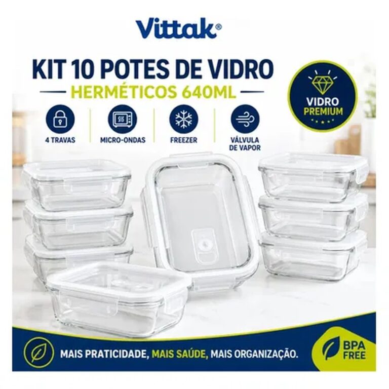 Vittak Kit 10 Potes Vidro Hermético Com 4 Travas Marmita Microondas Freezer Transparente 640ml