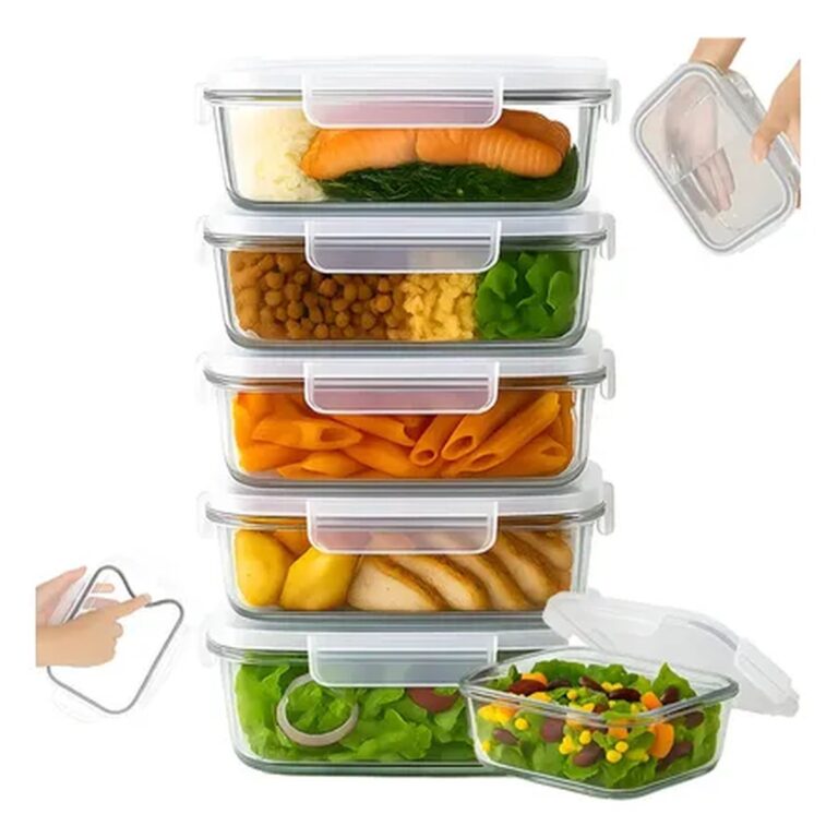 Yab – Kit 5 Potes De Vidro Marmita C/ Tampa Hermético 640ml Retangular 4 Travas Borossilicato Alimentos Micro-ondas Freezer Geladeira