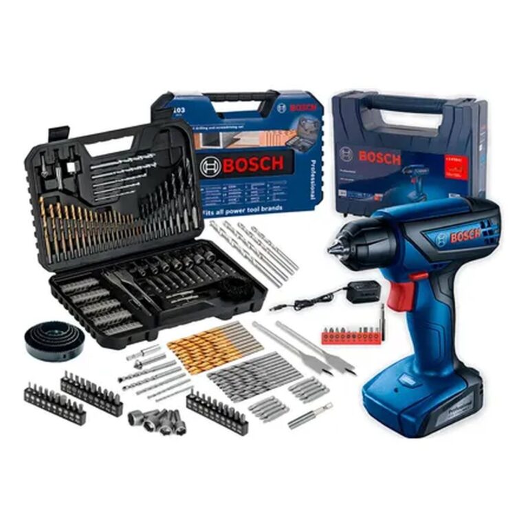 Furadeira Parafusadeira Sem Fio De 6mm Bosch Gsr 1000 Smart C/ Maleta + Jogo Kit Pontas Brocas 103 Peças Bosch Azul 127/220v