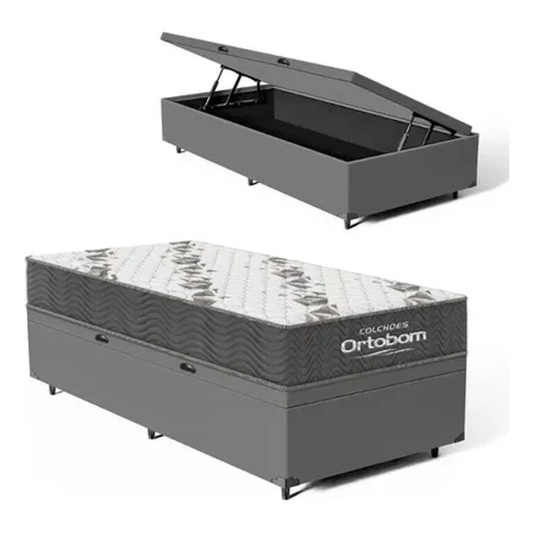 Cama Box Baú Solteiro Ortobom Com Colchão Espuma D33 Firme Cinza