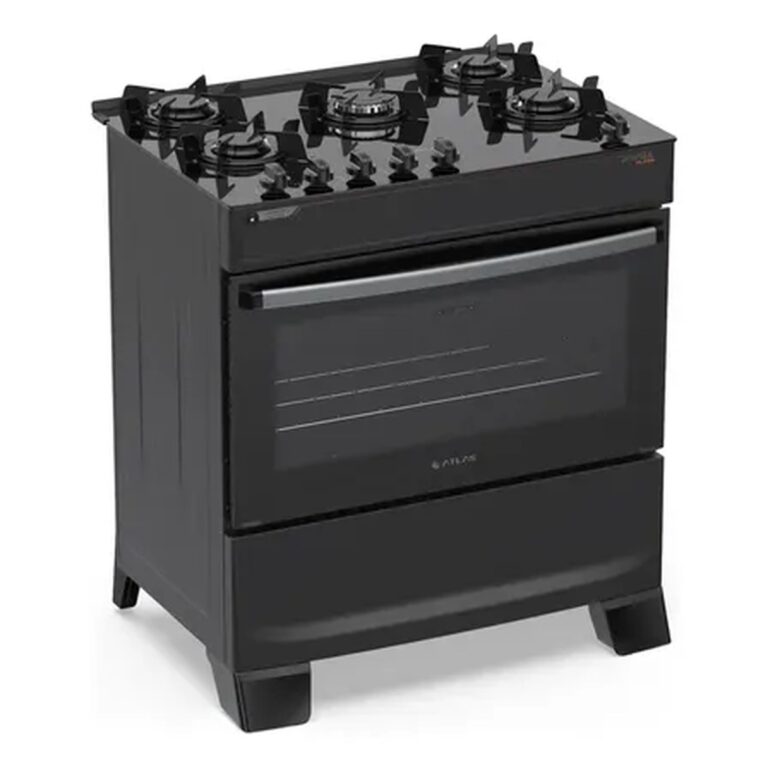 Fogão 5 Bocas Atlas Atenas Glass A Gás com Mesa de Vidro e Mega Chama Preto Bivolt