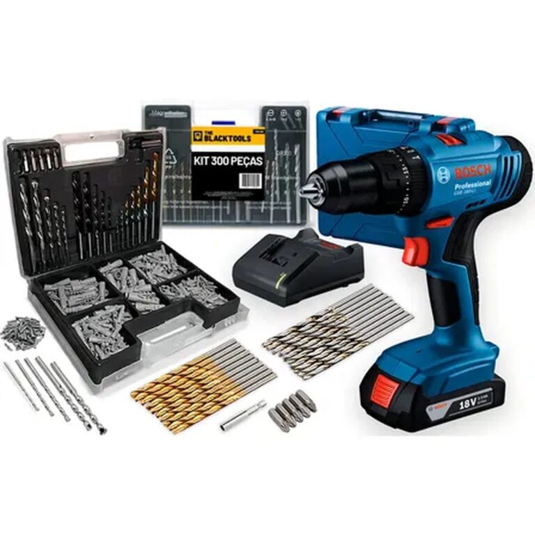Parafusadeira E Furadeira De Impacto Bosch A Bateria 18v Maleta – Gsb 183-li Com Kit Brocas Buchas E Bits 300 Peças