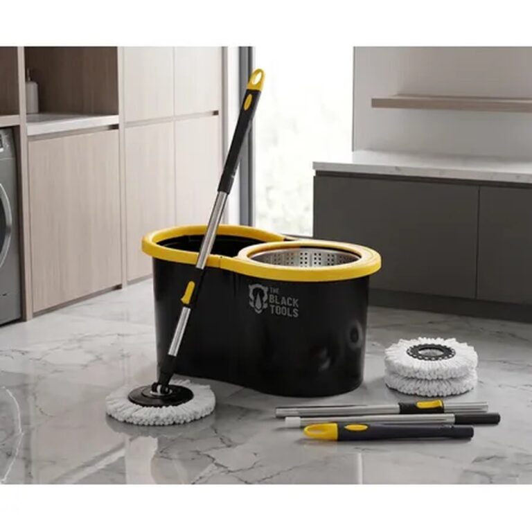 Mop Giratório 360° Balde Inox 8 Litros Centrífuga C/ 2 Refis Preto E Amarelo