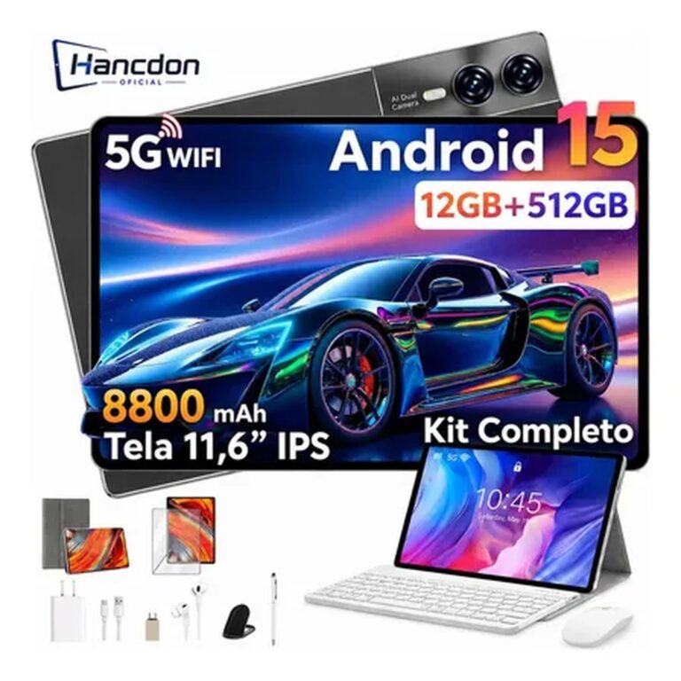 Tablet Hancdon S12 Android 15 12GB RAM 512GB Memória 11,6″ Dual SIM Wi-Fi Kit Completo Com Teclado Mouse e Caneta Cor Cinza